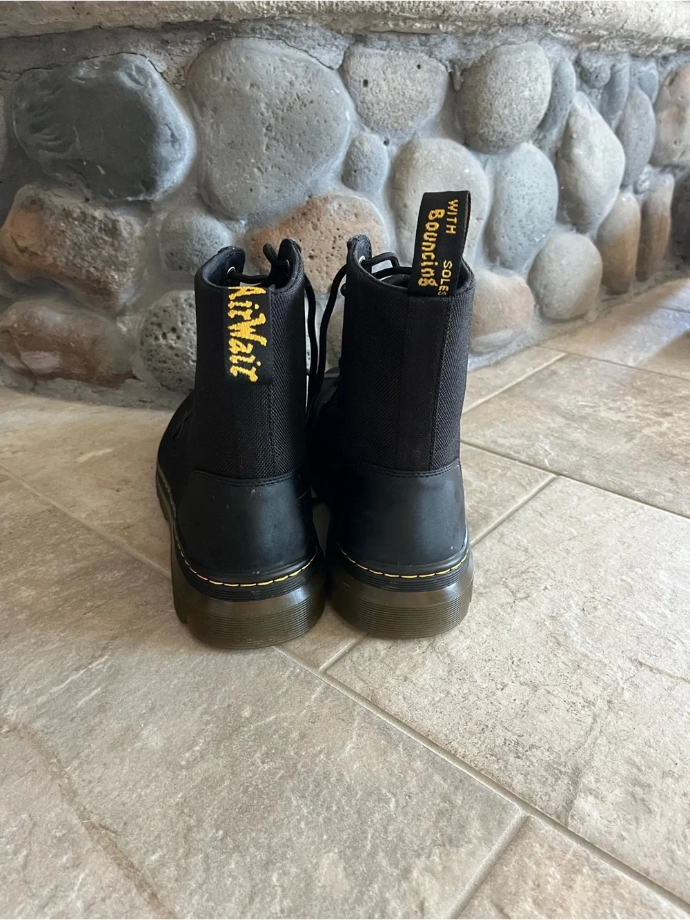 Dr. Martens Black Canvas & Rubber Lace-Up Combat Boot with Yellow Stitching